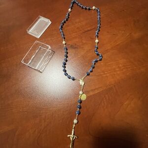 Blue and Gold Beaded Rosary Necklace